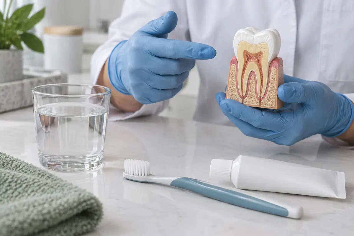 Water and gentle oral-care supplies illustrating an enamel-protection conversation