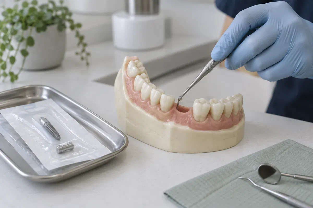 Dental study model showing a missing molar space for a ridge-preservation discussion