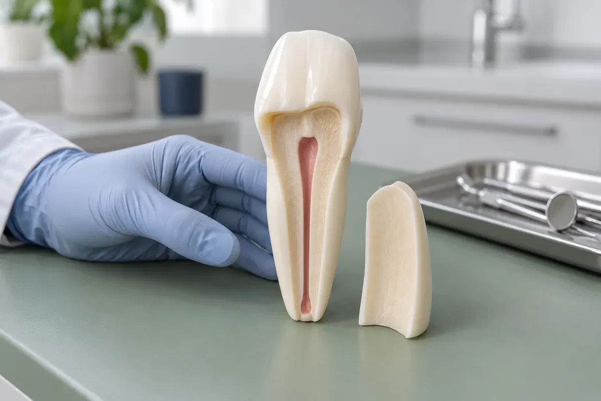 An enlarged incisor teaching model showing the central canal