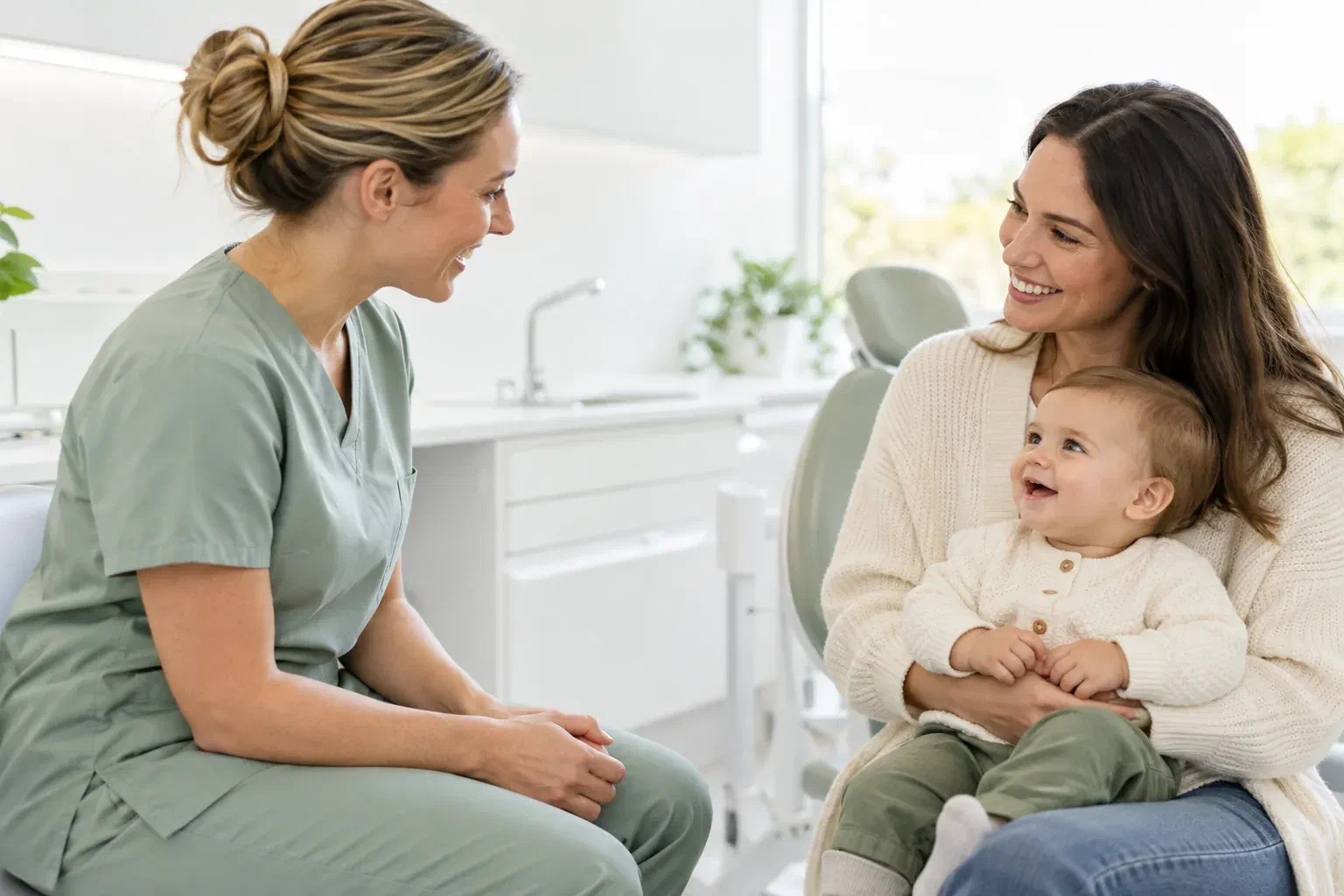 Illustrative parent holding a baby during a first dental conversation