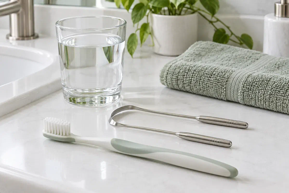 Toothbrush, tongue cleaner, and glass of water illustrating everyday oral care