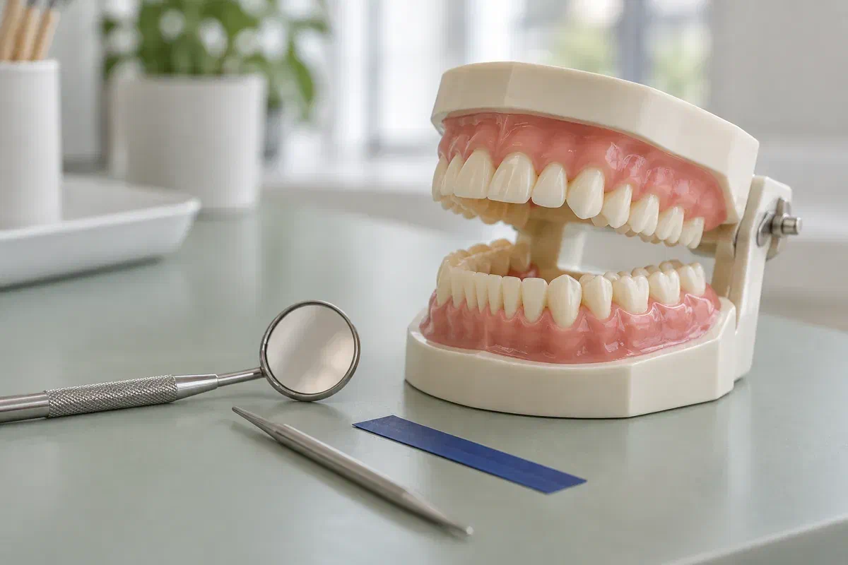 Illustrative hinged dental model beside a mirror and blue bite-marking paper on a pale surface