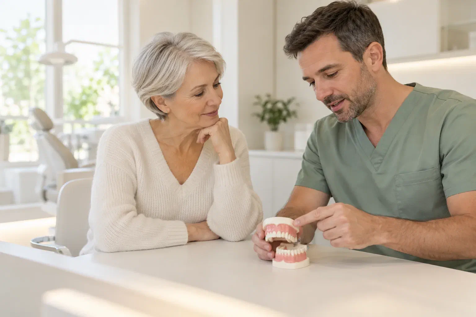 Illustrative patient and clinician discussing upper and lower tooth contacts using a dental model