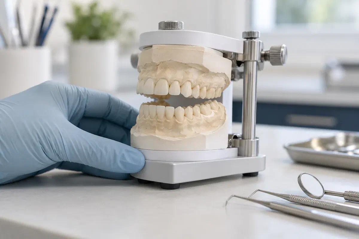 Dental study models mounted in an articulator to illustrate bite planning