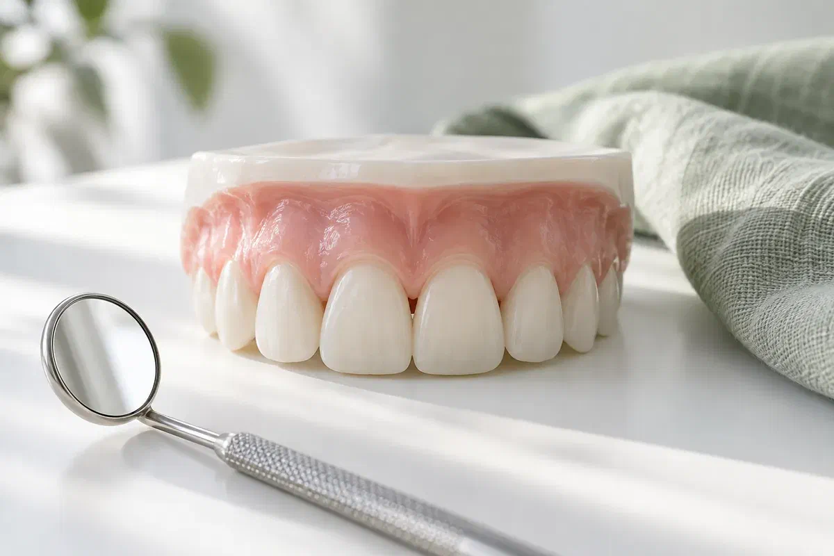 Illustrative dental model showing small triangular spaces near the gumline