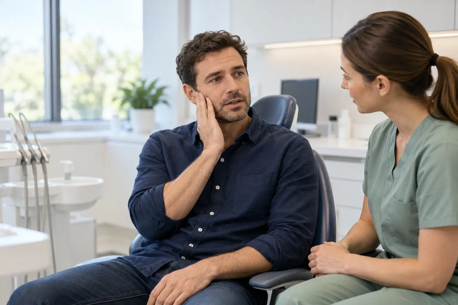 An adult patient discussing a dental concern with a dental professional