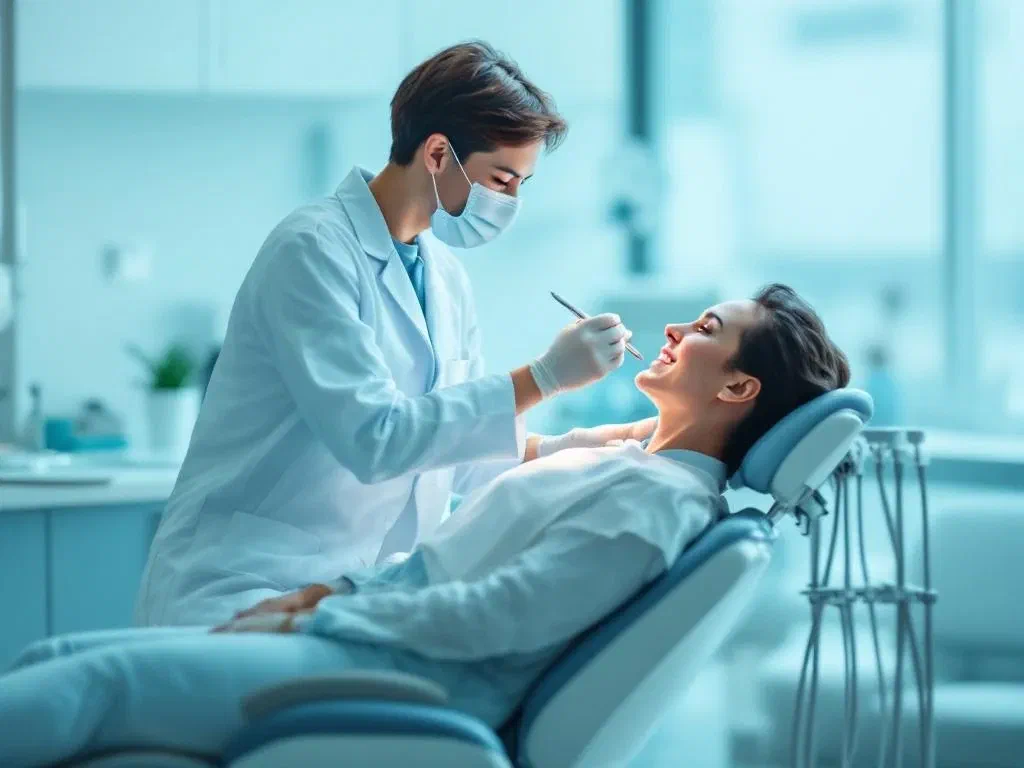 A masked dentist examines a patient reclining in a dental chair
