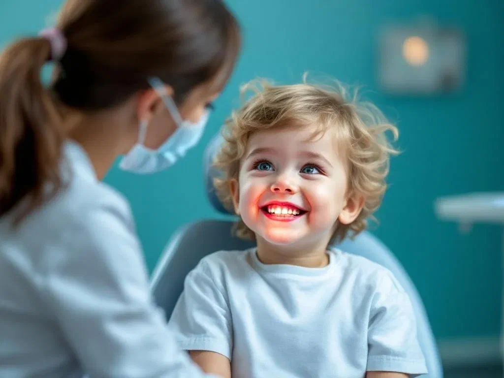 A smiling young child looks up at a dentist during a dental visit