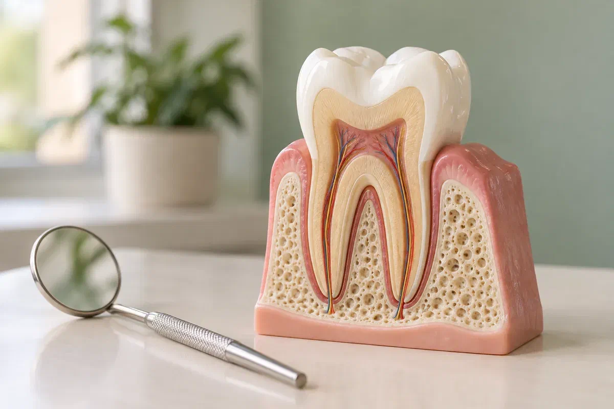 Illustrative cross-section tooth model showing roots within supporting gum and bone beside a dental mirror