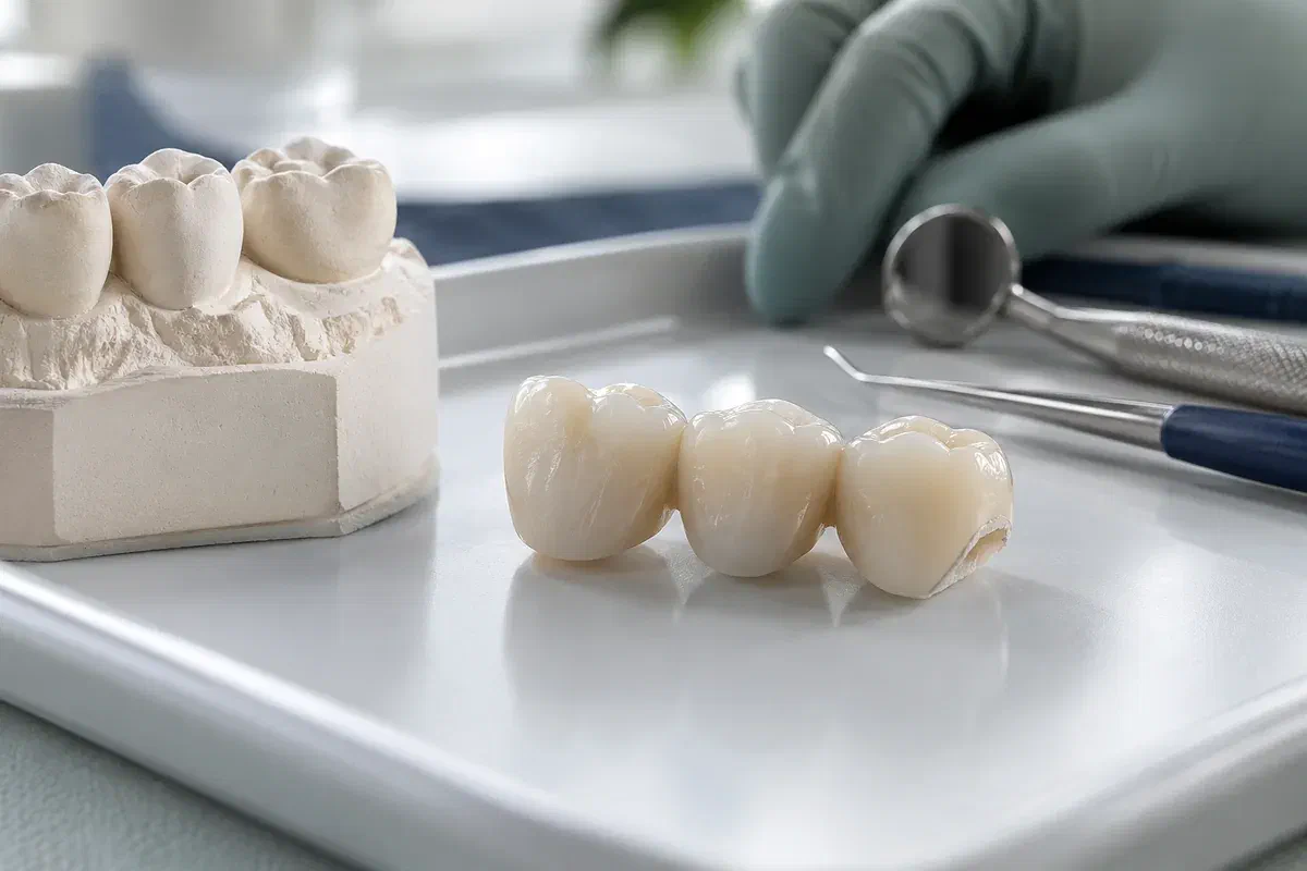 Illustrative ceramic bridge with a chipped edge beside a dental model