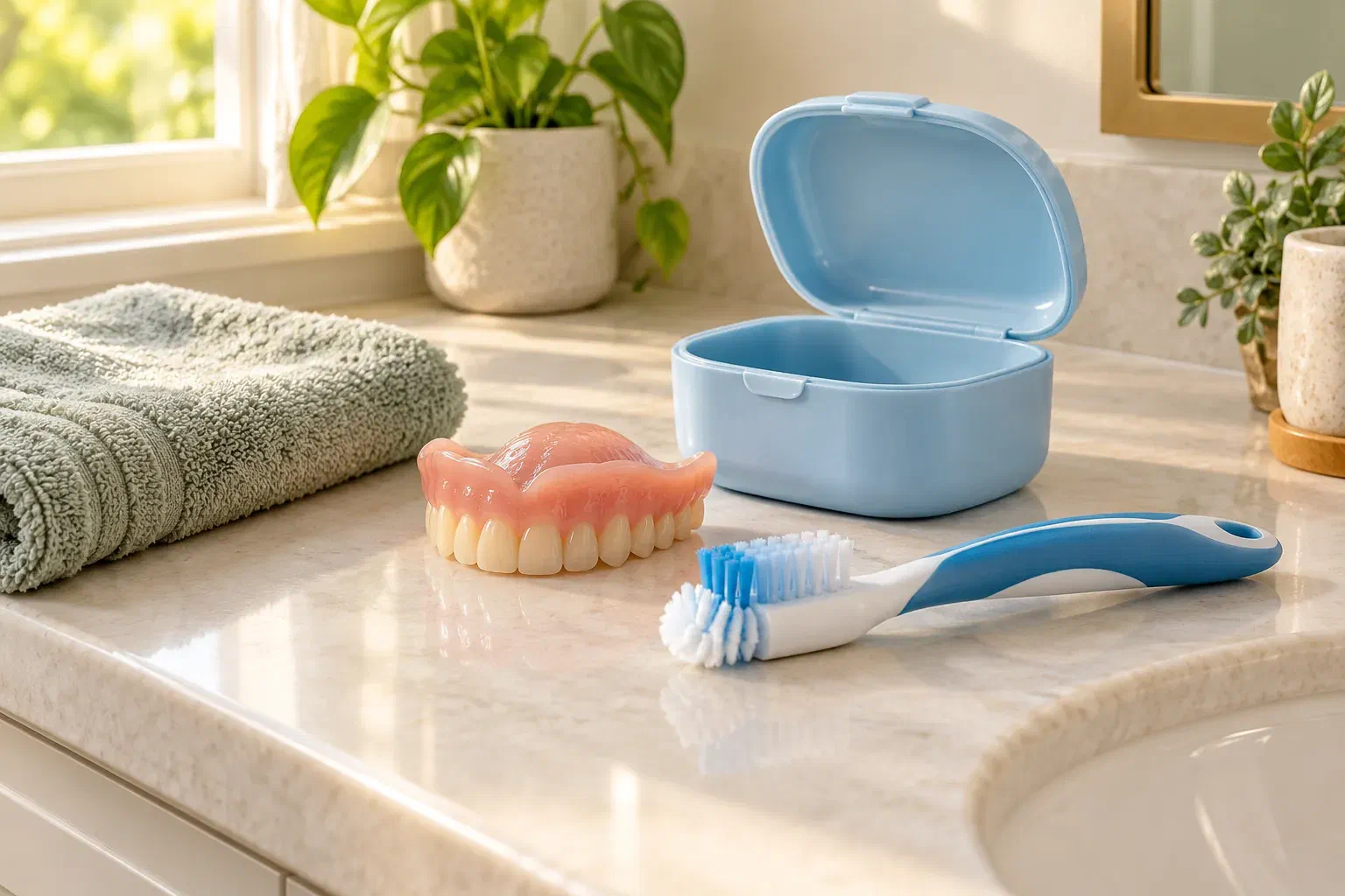 A removable denture, storage case, soft brush, and towel arranged on a counter