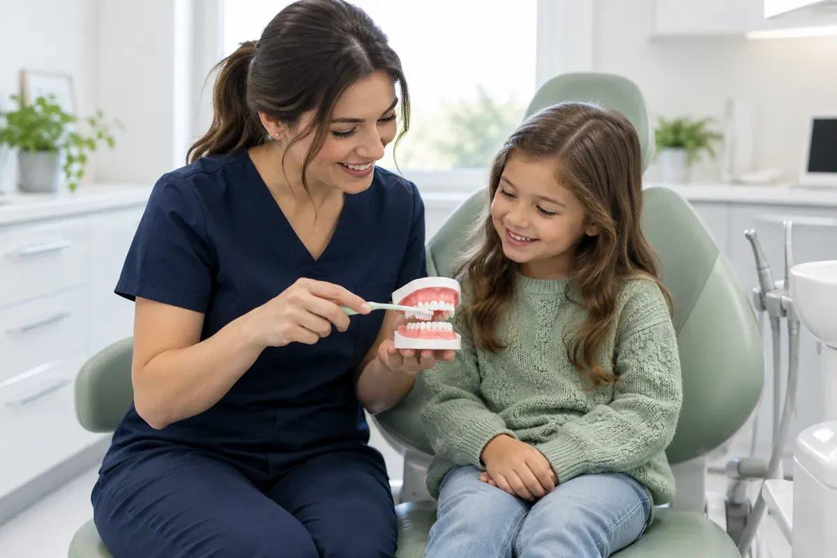 A dental professional shows a child how to brush using a large tooth model