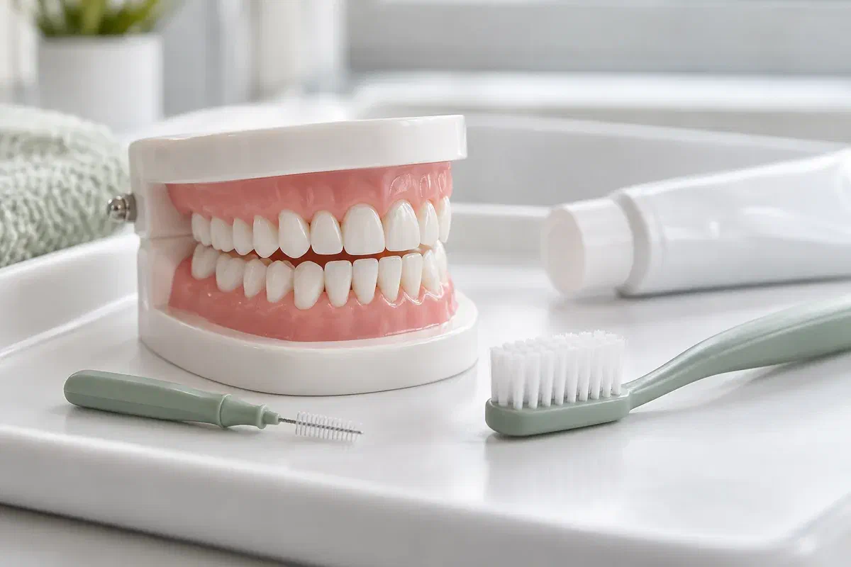 Dental model, soft toothbrush, and interdental brush illustrating preventive care