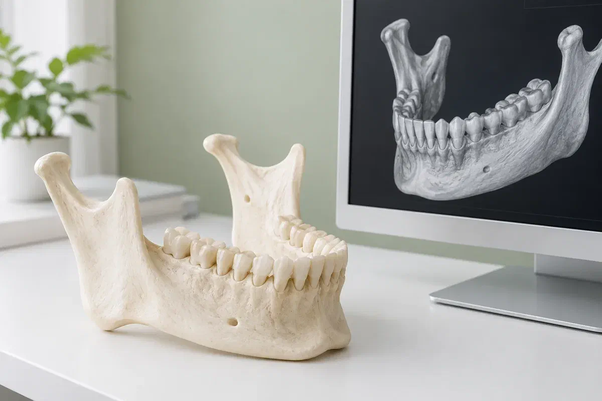 Illustrative jaw teaching model beside a generic three-dimensional dental rendering