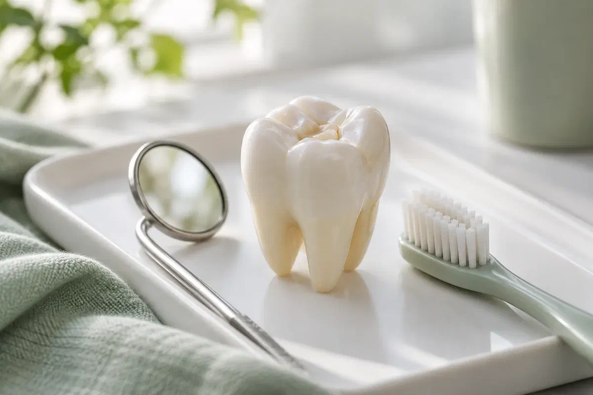 Illustrative tooth teaching model, dental mirror, and small soft toothbrush