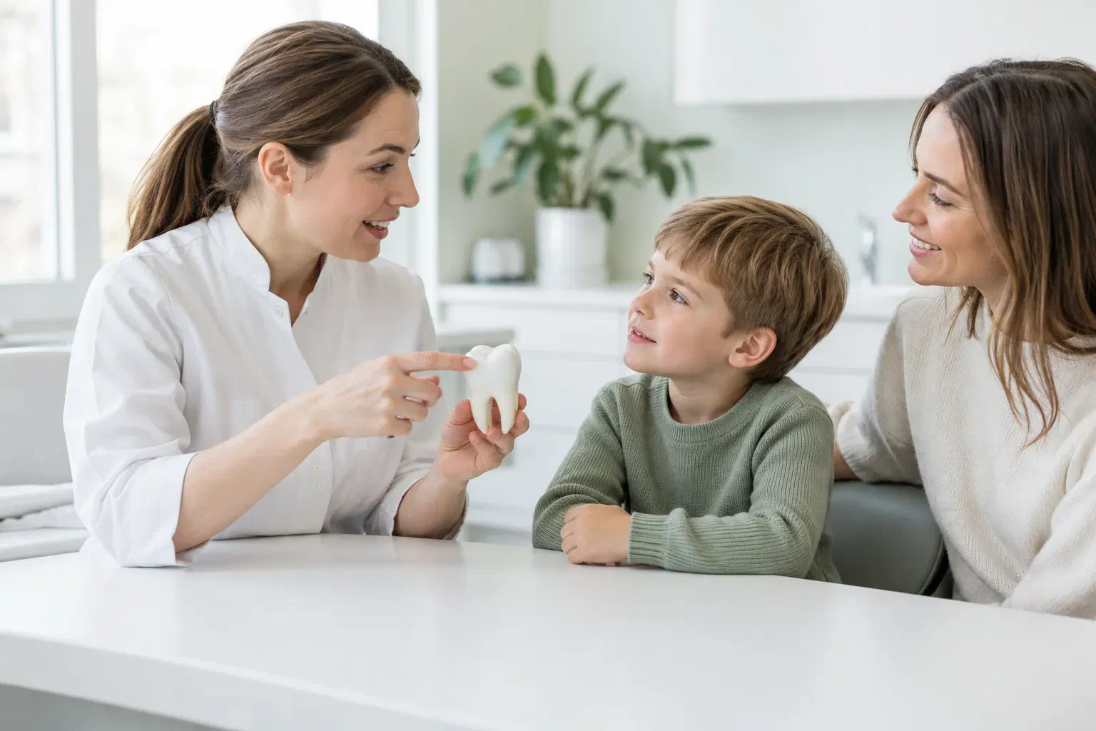 Illustrative child and parent discussing a tooth model with a dental clinician