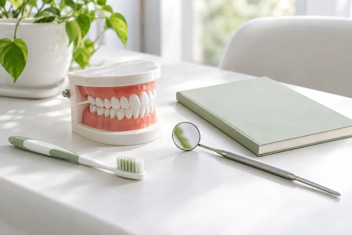 Illustrative child-sized toothbrush, dental model, mirror, and notebook