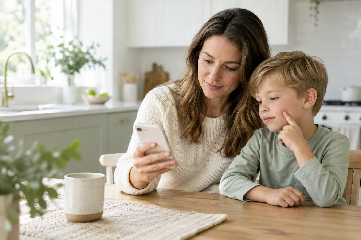 Illustrative parent arranging dental advice beside a child