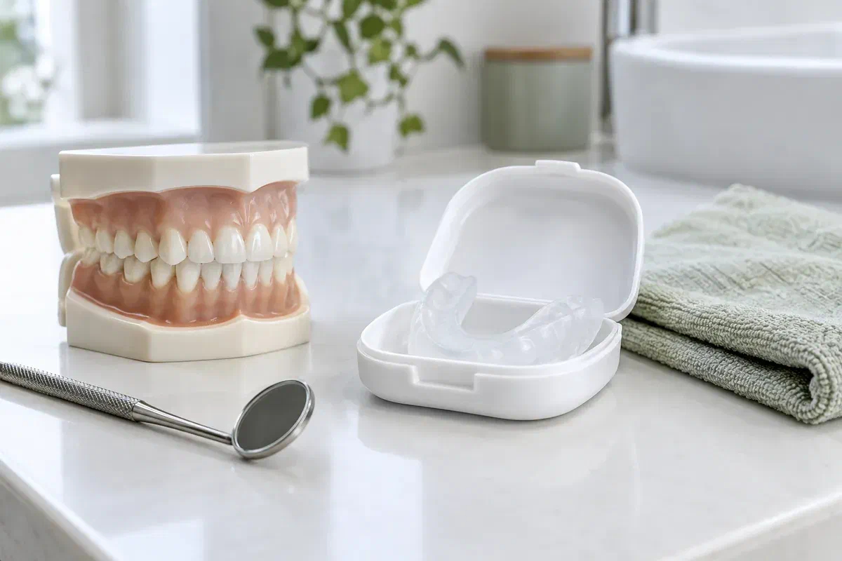 Illustrative dental model, mirror, and protective mouthguard in a case