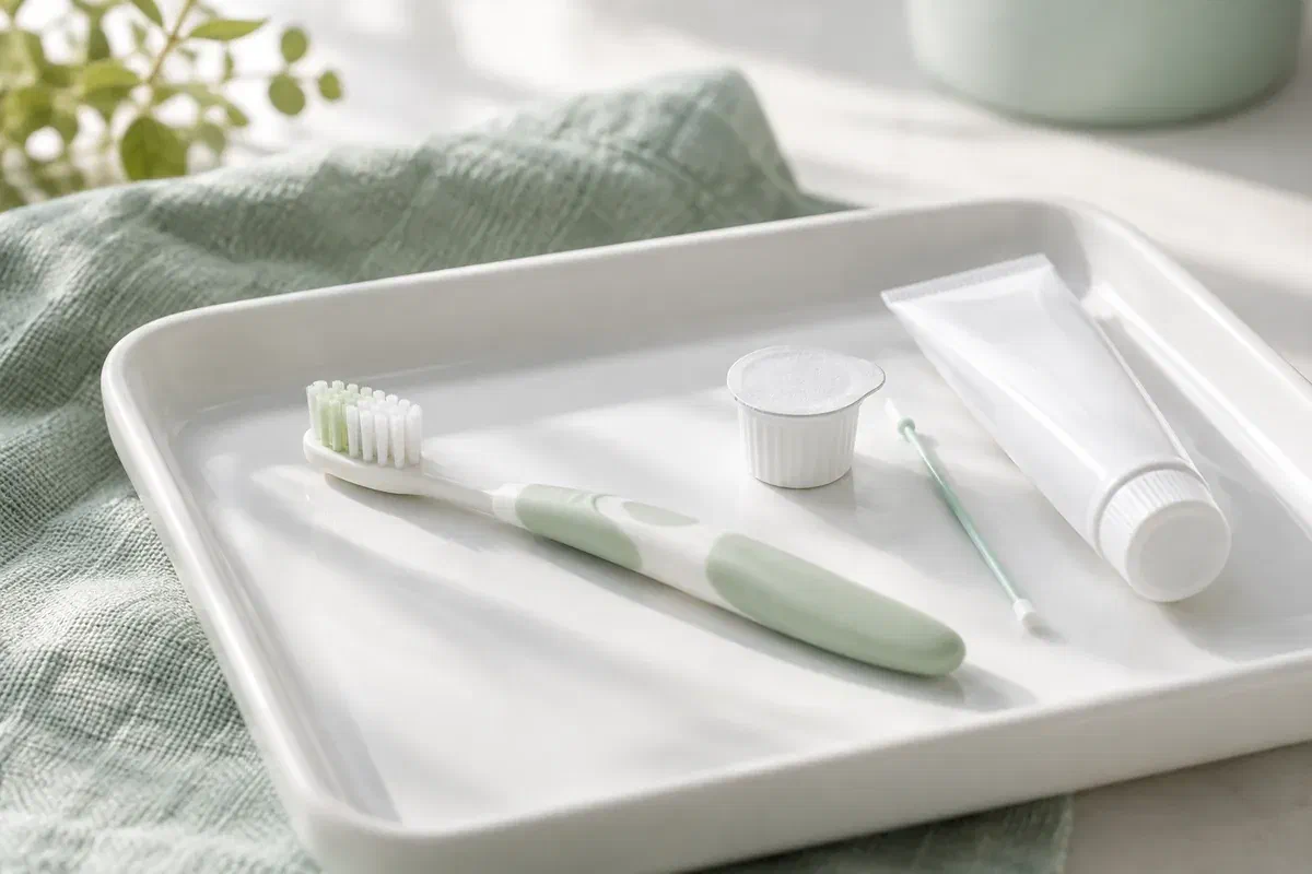 Illustrative fluoride applicator, small unit-dose cup, toothbrush, and toothpaste