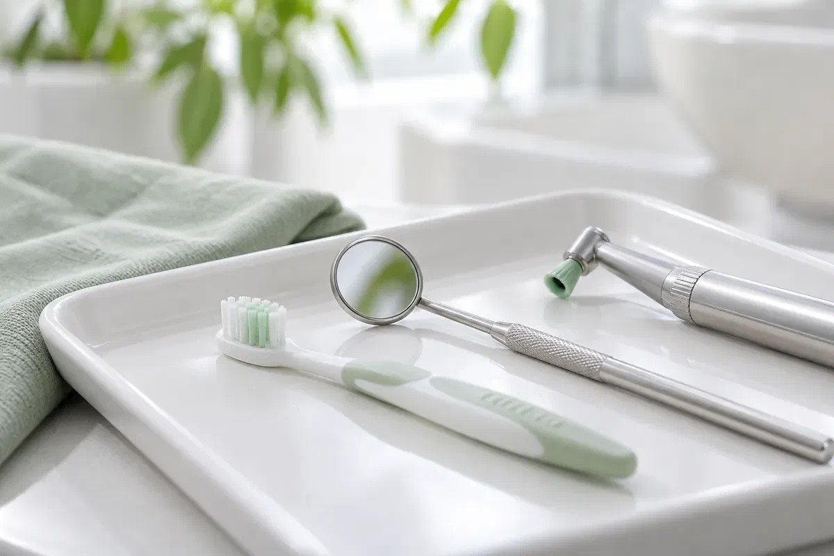 Illustrative child-sized toothbrush, dental mirror, and polishing instrument