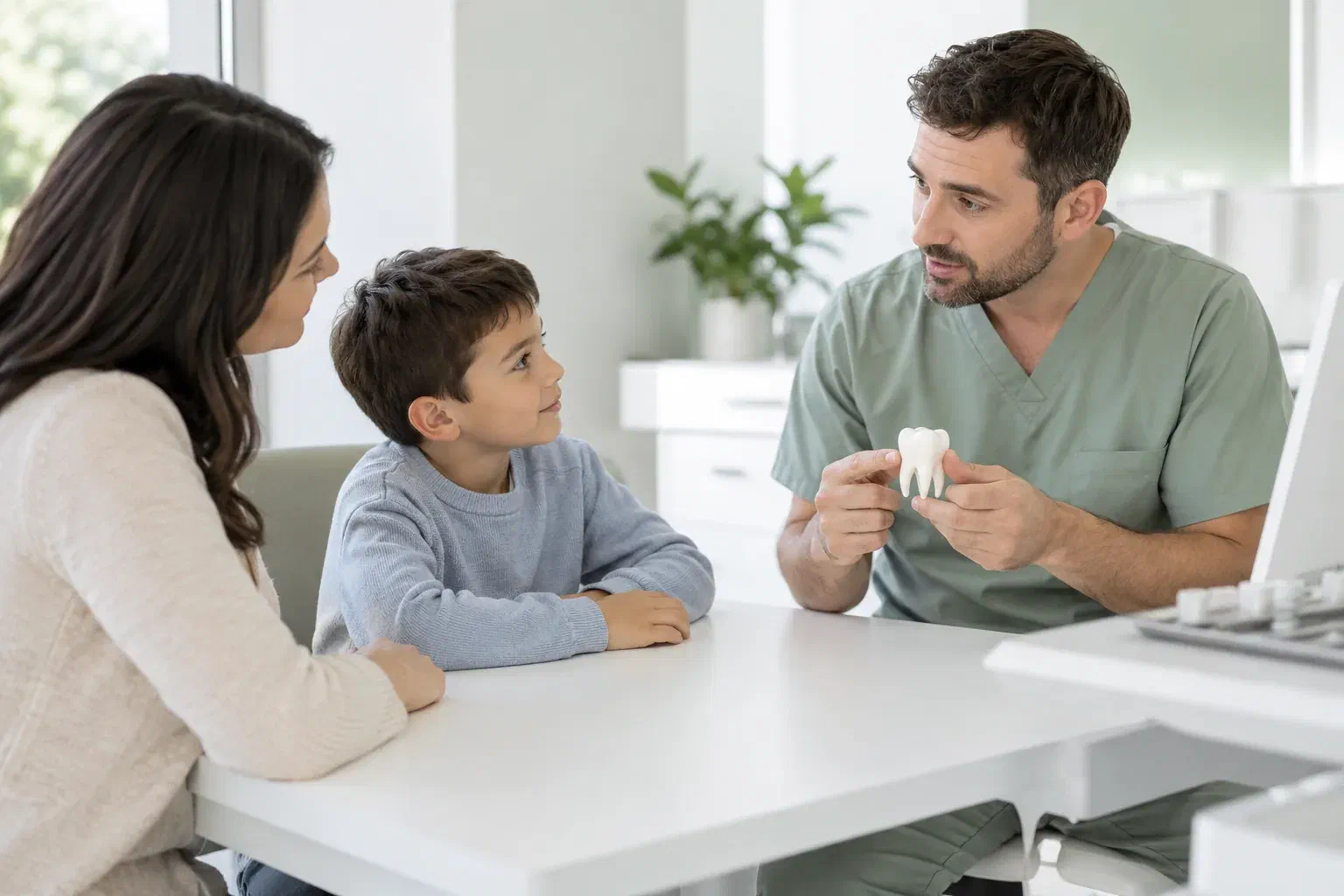 Illustrative child and parent discussing a tooth model with a dental clinician
