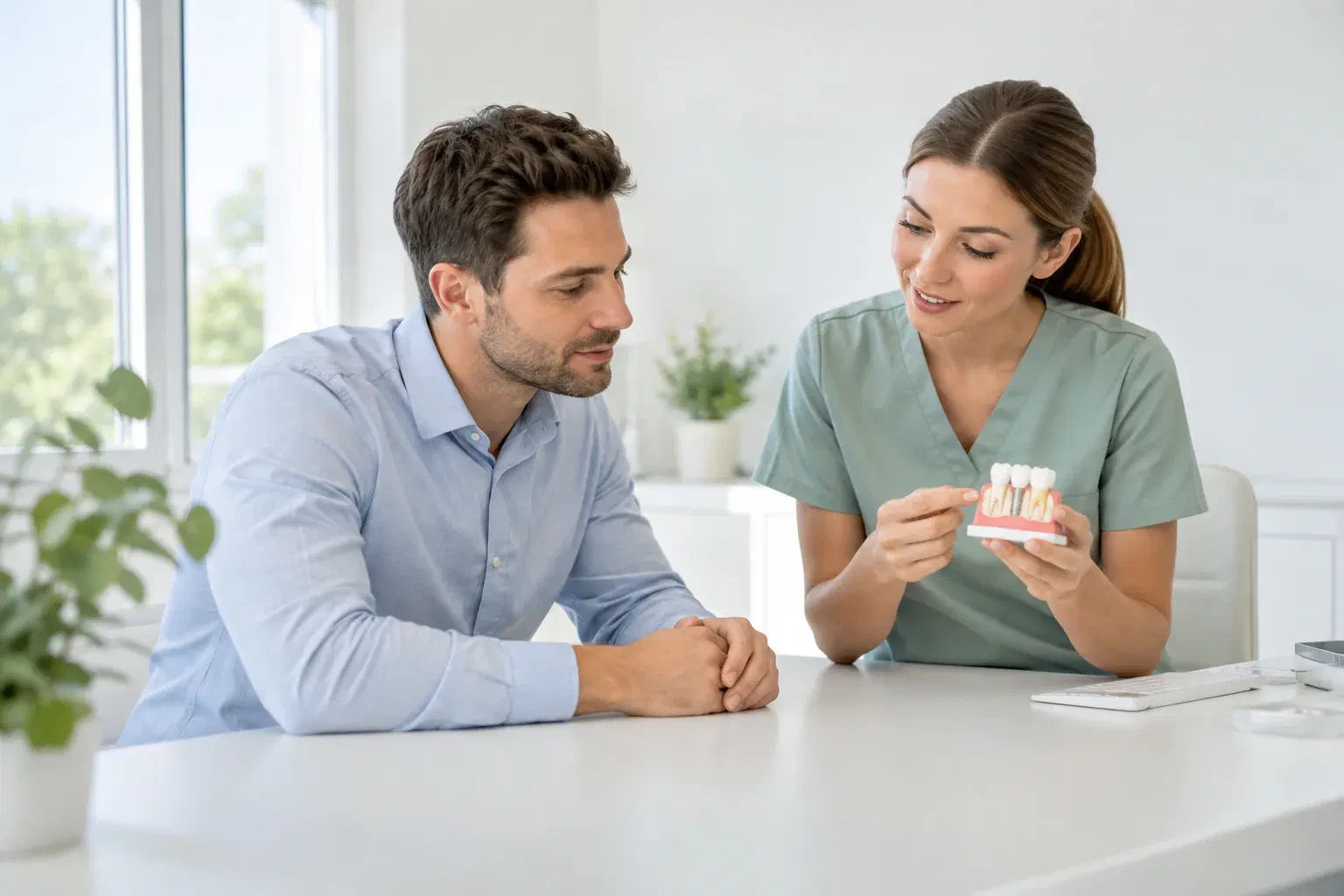 Illustrative patient and dental clinician discussing a chipped tooth using a model