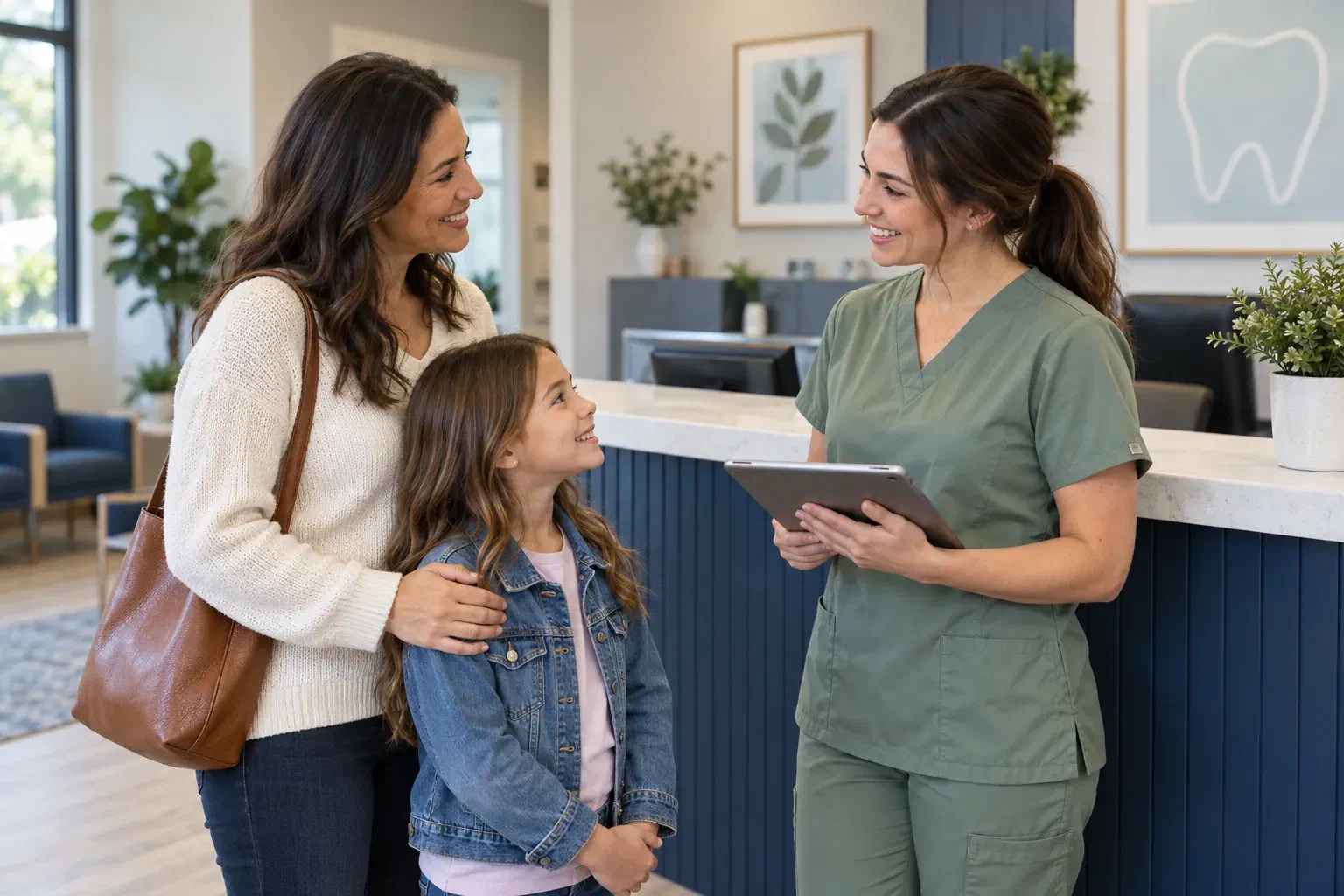 A parent and child speaking with a dental professional in a welcoming reception area