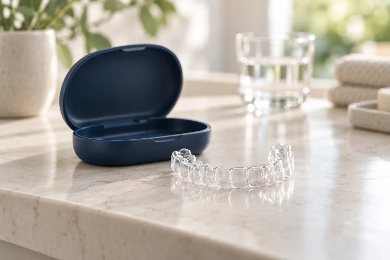 A transparent dental aligner beside an open navy storage case