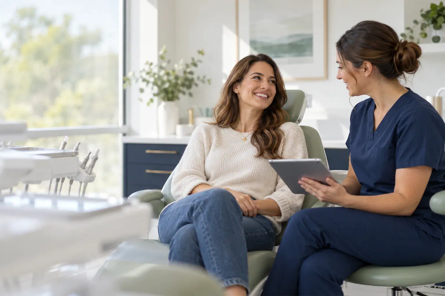 Illustrative dental consultation with a patient discussing her care