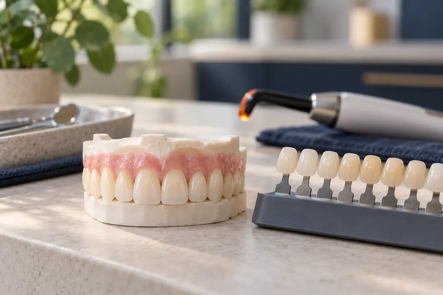 A dental teaching model and tooth shade guide on a consultation table