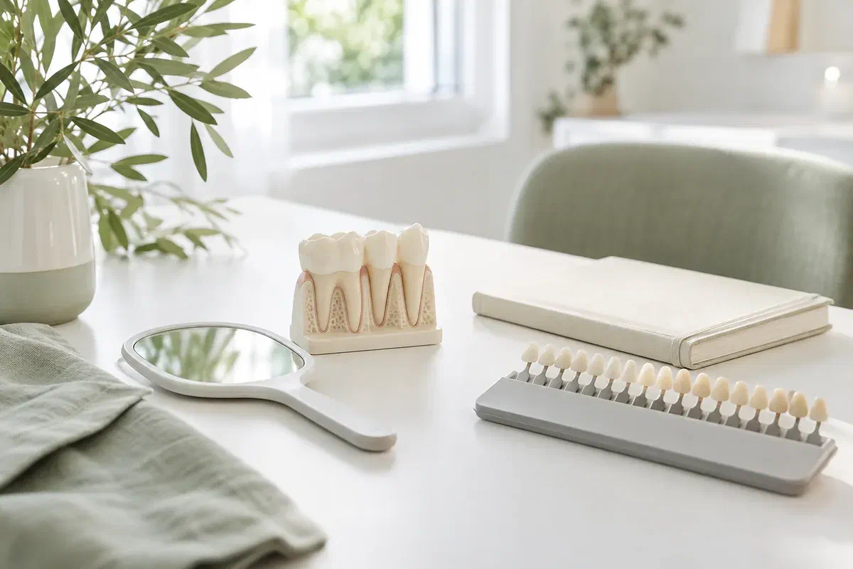 Illustrative consultation table with a teaching model, mirror, notebook, and tooth-shade guide