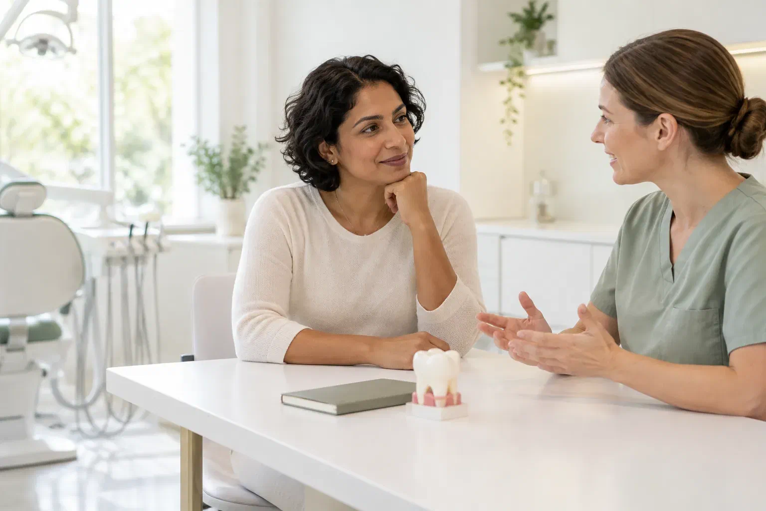 Illustrative patient sharing smile goals with a dental clinician at a consultation table