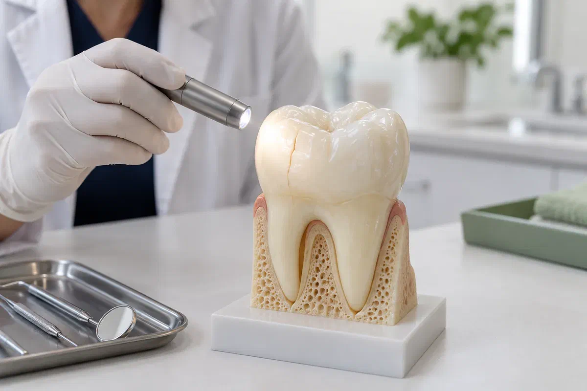 Illustrative tooth examination model with a fine visible crack