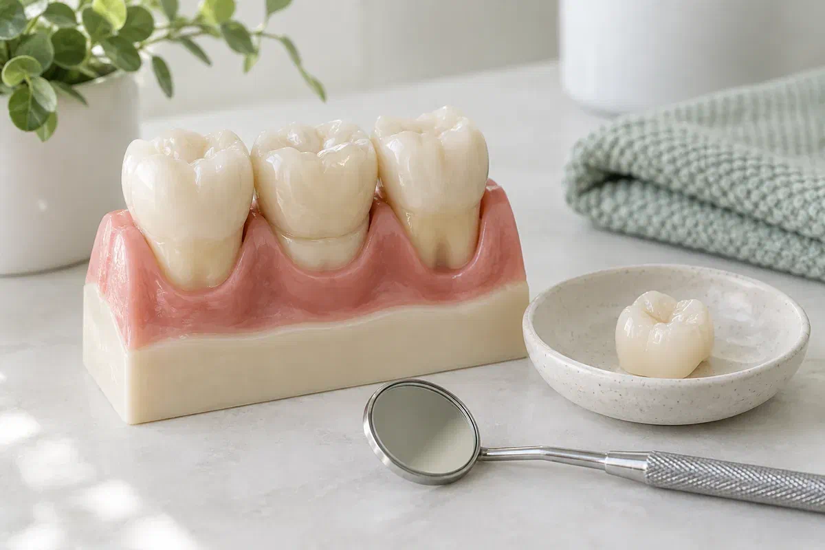 Illustrative tooth-and-gum teaching model beside a ceramic crown sample and dental mirror