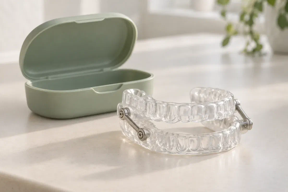 Illustrative connected upper and lower oral-appliance trays beside a pale sage storage case