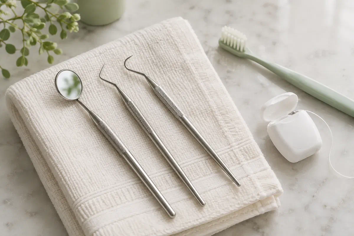 Illustrative periodontal cleaning instruments and a dental mirror beside everyday oral-care tools