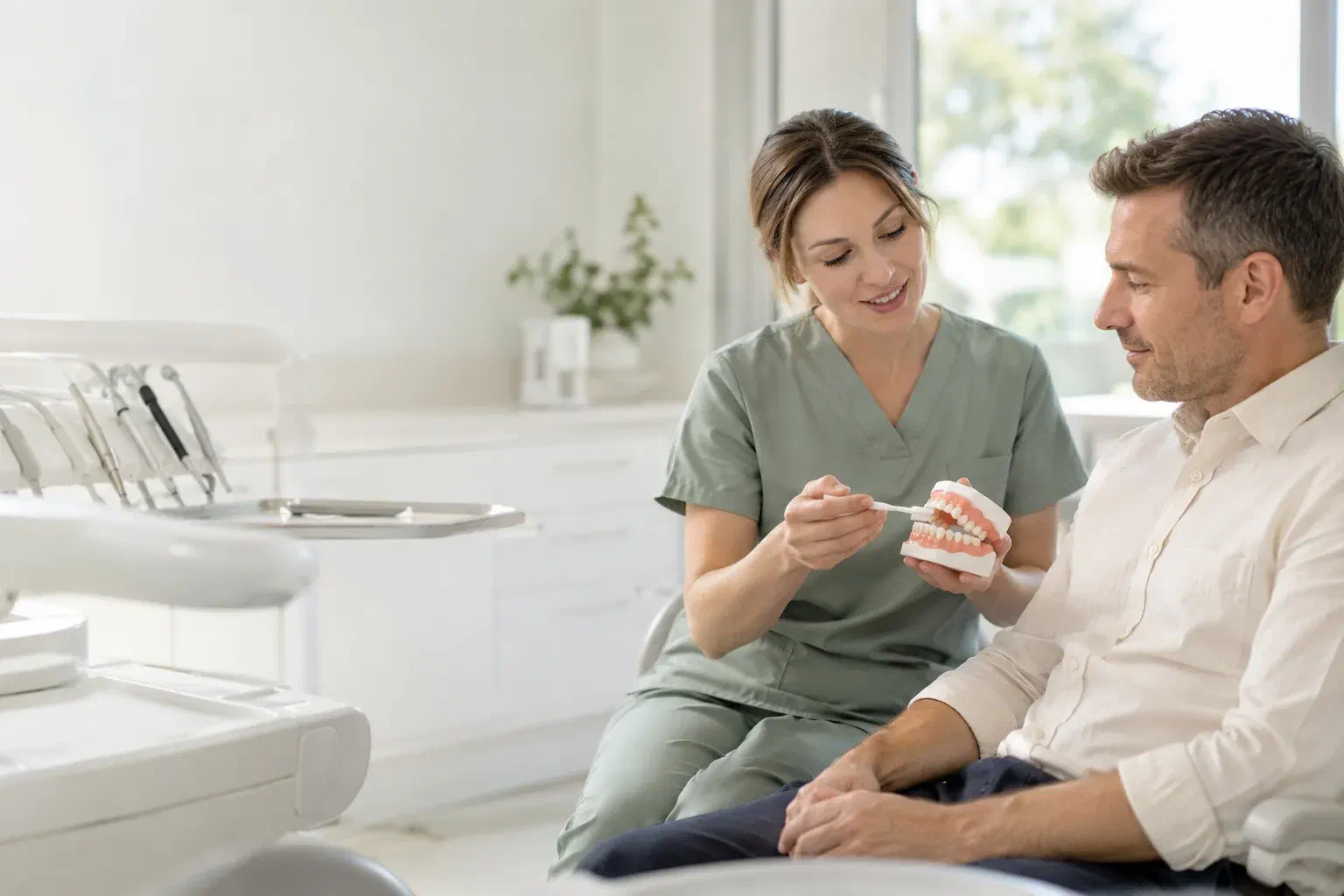Illustrative clinician explaining a tooth-and-gum model to a patient before a cleaning appointment