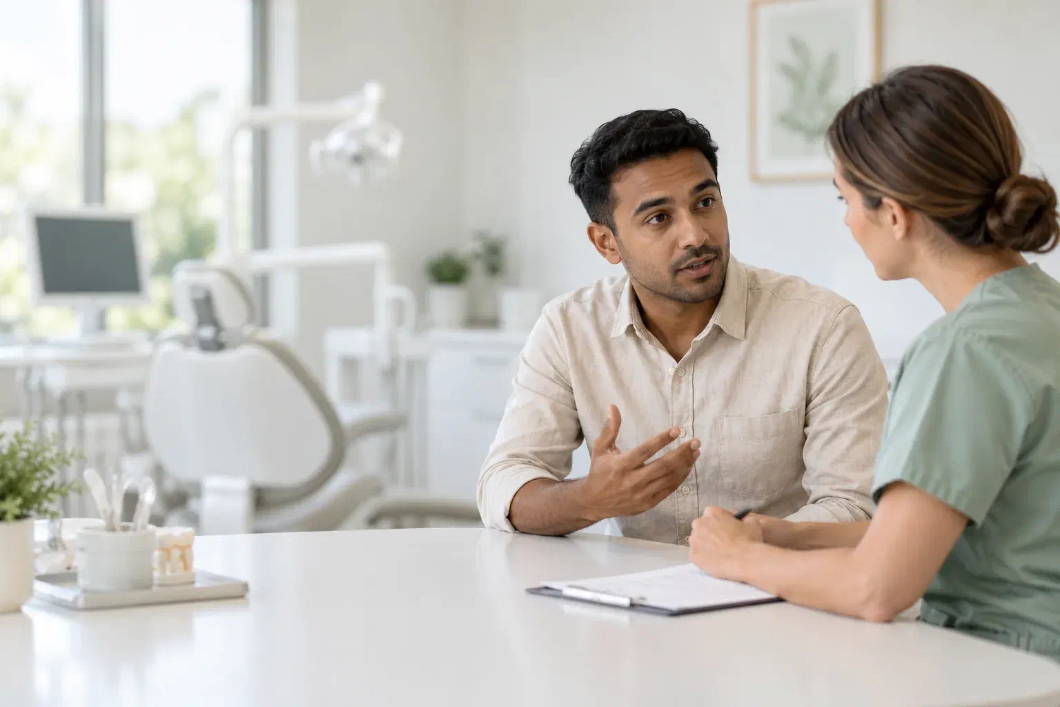 Illustrative patient discussing an urgent dental concern with a clinician