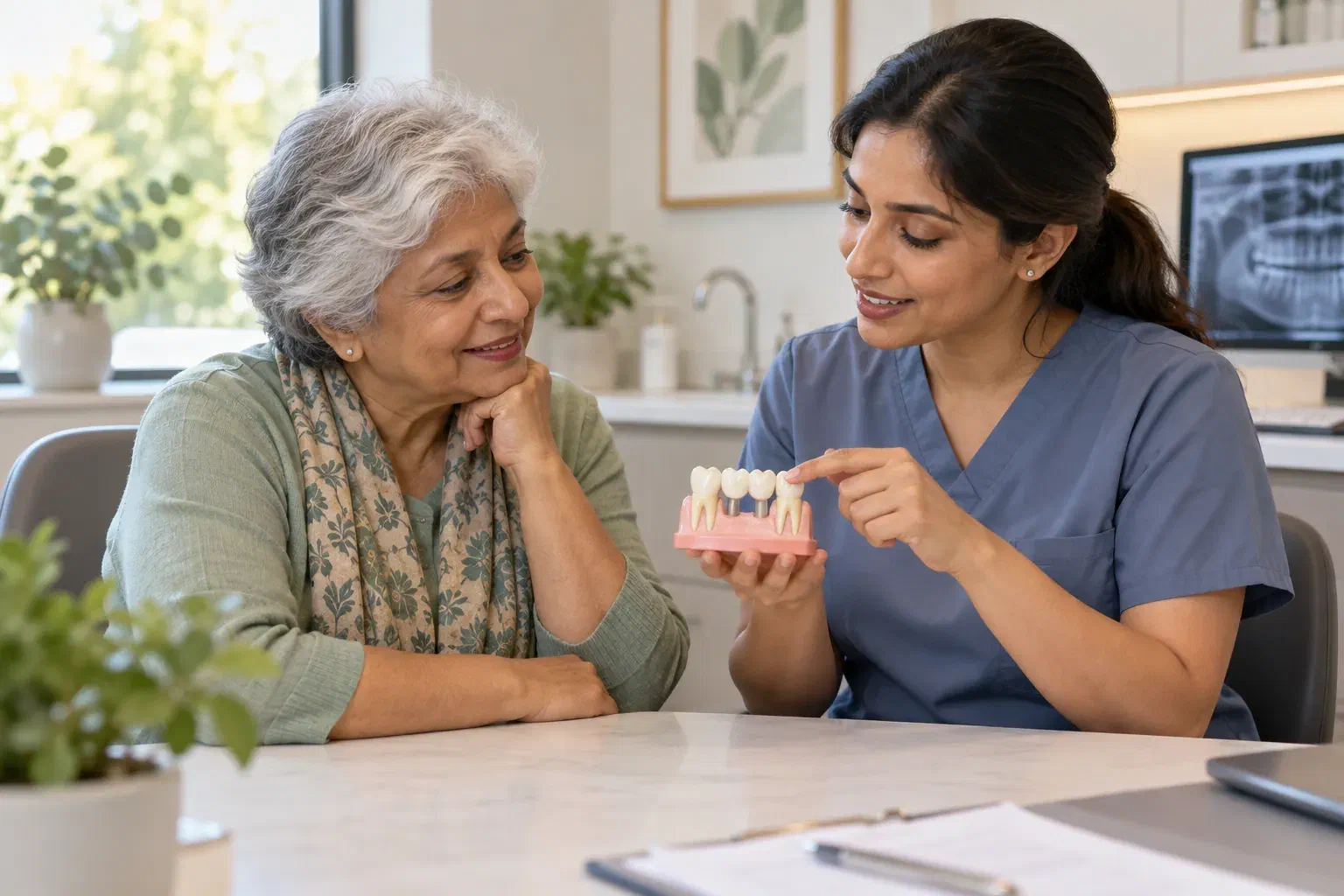 A patient and dentist discussing tooth replacement with a demonstration model