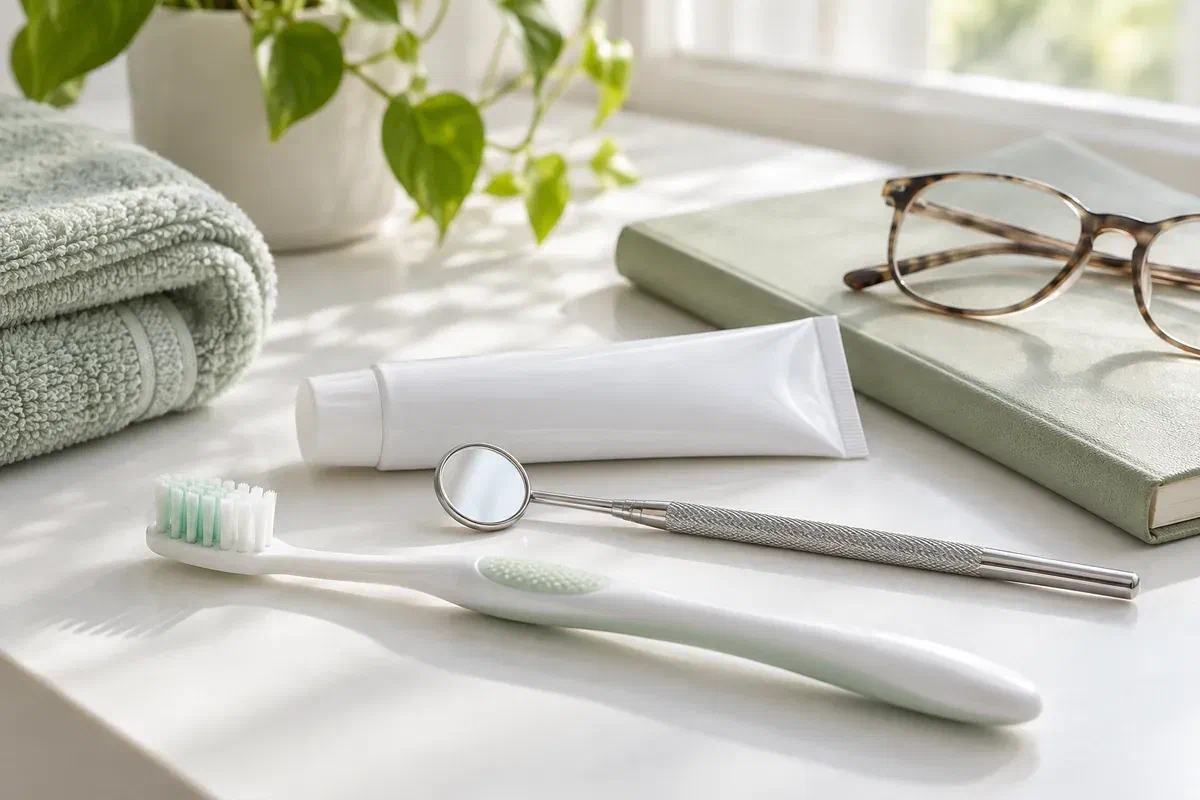 Soft toothbrush and dental care items beside a folder illustrating treatment preparation