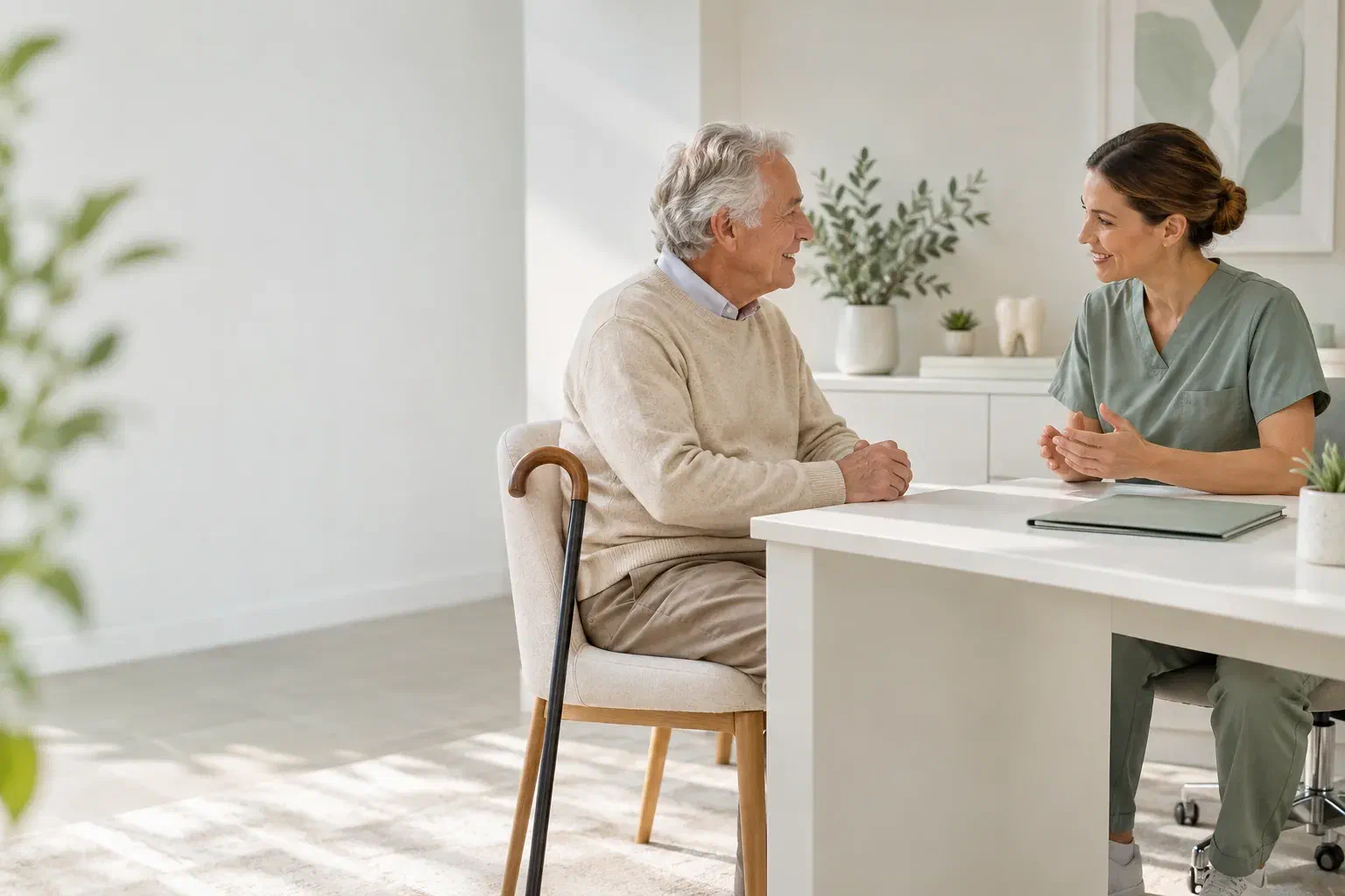 Illustrative dental planning conversation with a patient preparing for joint surgery