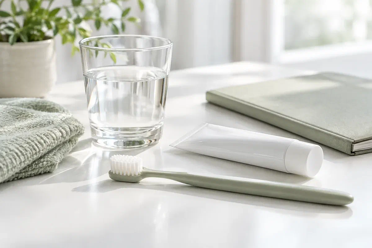 Soft toothbrush, water, and plain oral care supplies illustrating a gentle daily routine