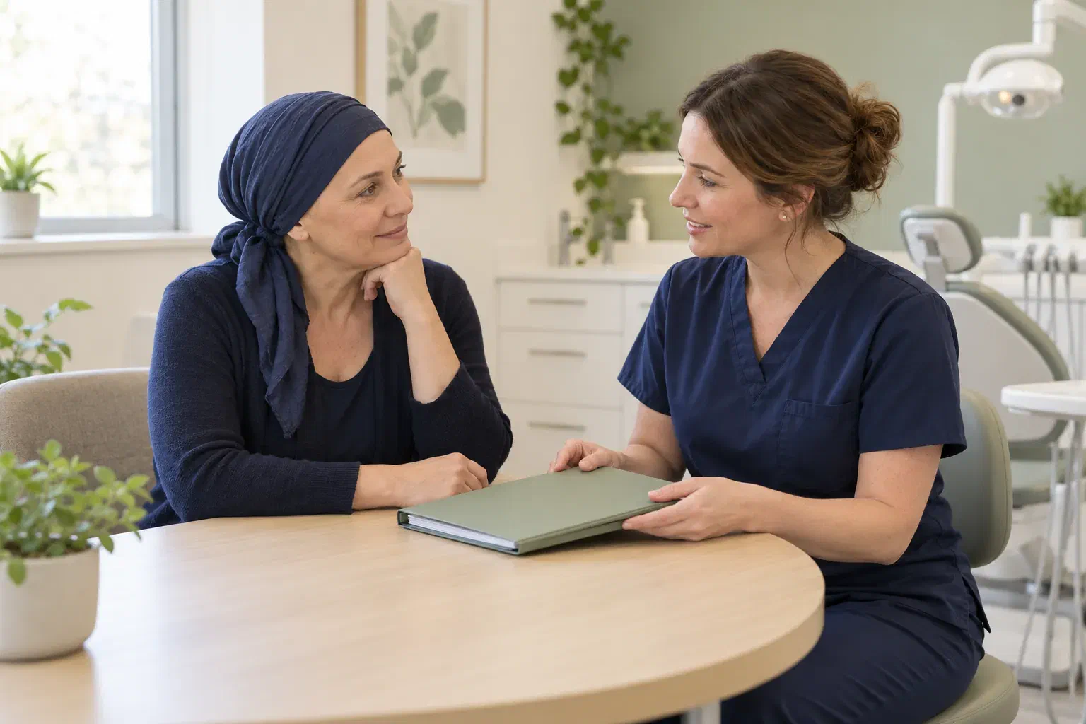 A woman in a soft headscarf discussing her care plan with a dental professional
