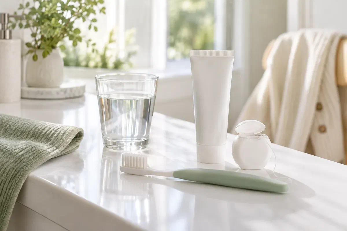 Toothbrush, toothpaste, floss, and water beside a cream cardigan