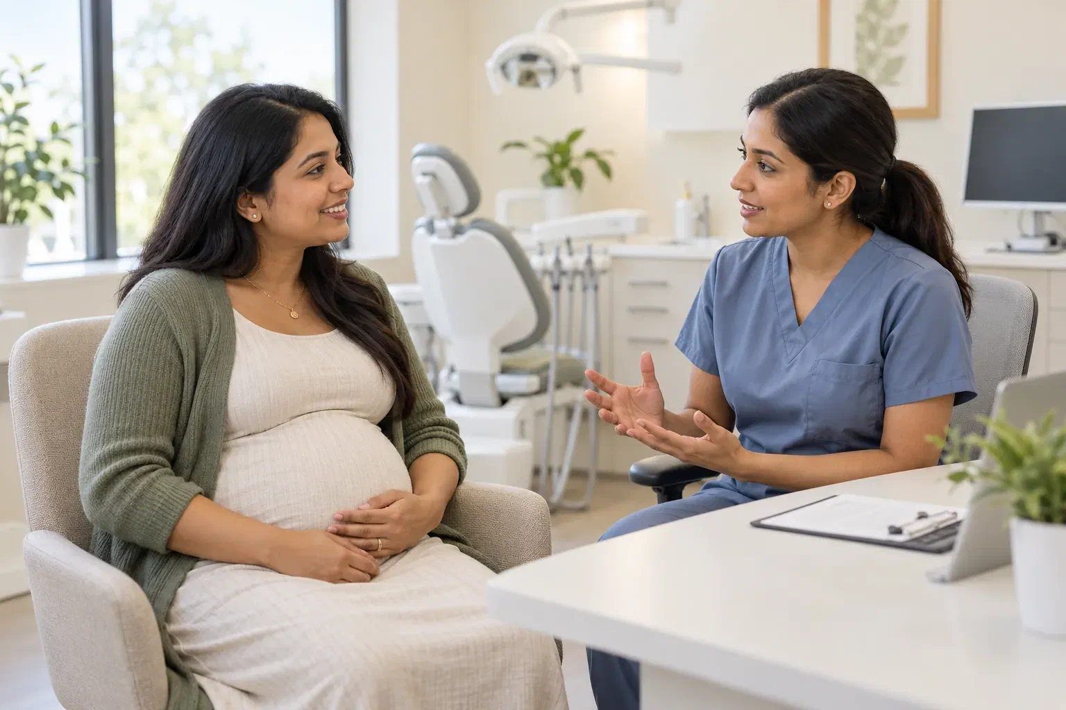 A pregnant patient speaking with a dental professional at a consultation