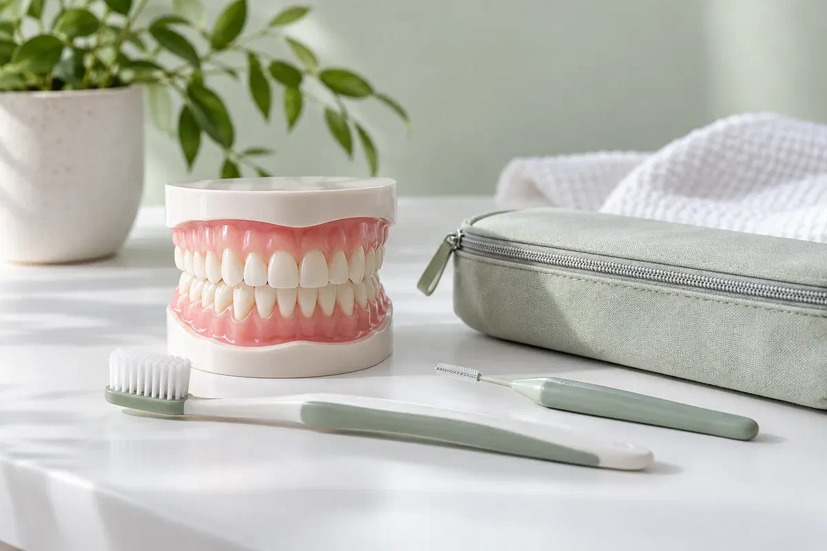 Dental model, toothbrush, interdental brush, and plain travel pouch