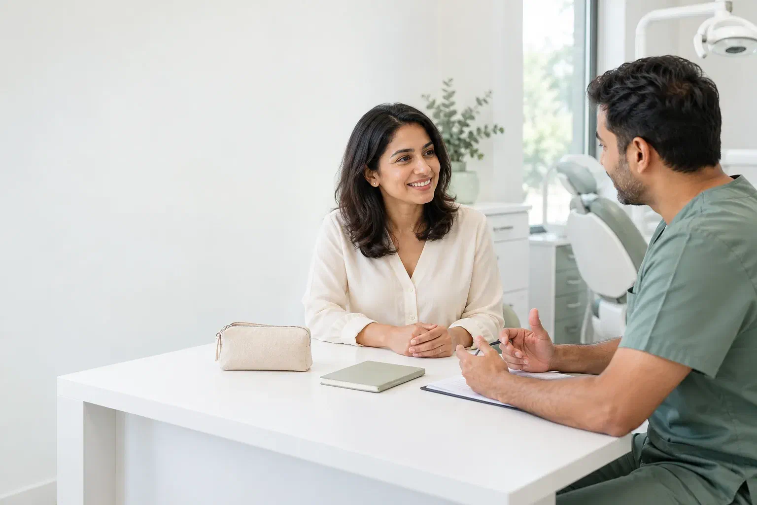Illustrative dental consultation about health history and appointment planning