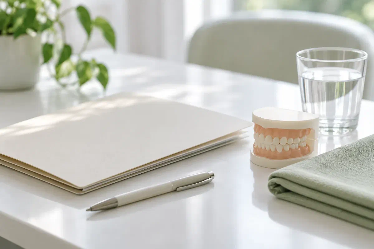 Folder, tooth model, pen, and water illustrating preparation for a dental consultation