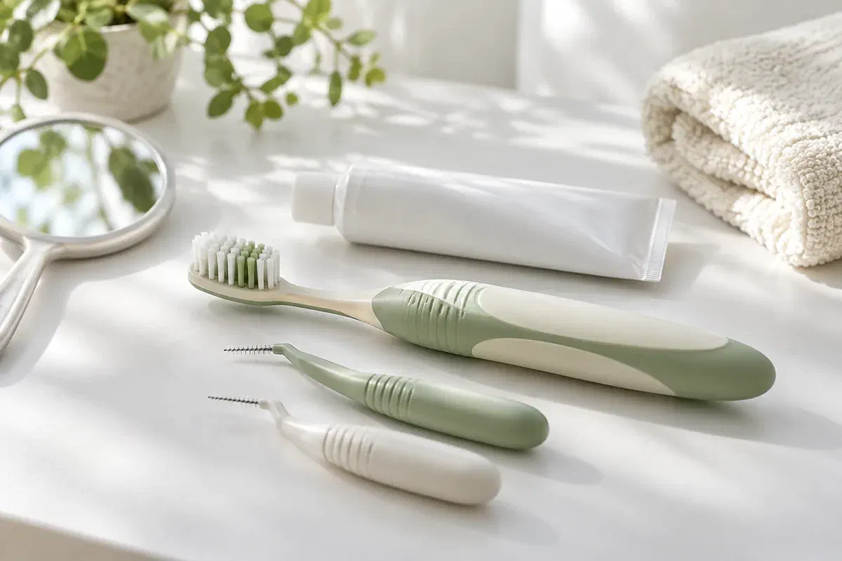 Easy-grip toothbrush and interdental brushes illustrating adaptable oral care tools